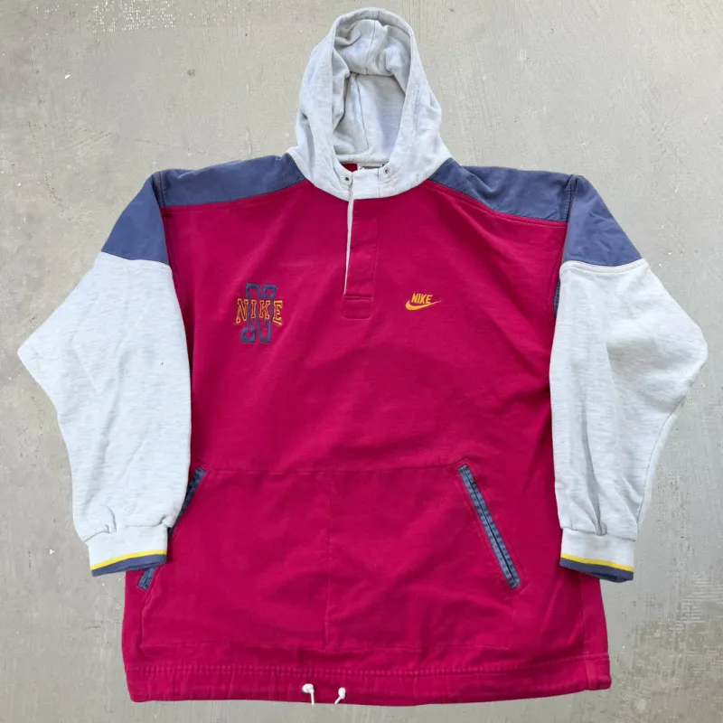 J- Vintage Nike Embroidered Text & Swoosh Henley Hoodie - M sold by HG Vintage