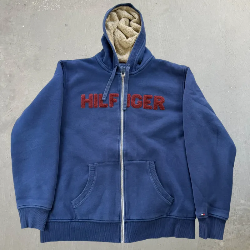 J- Vintage Tommy Hilfiger Embroidered Text Sherpa Lined Zip Up Hoodie - XL sold by HG Vintage