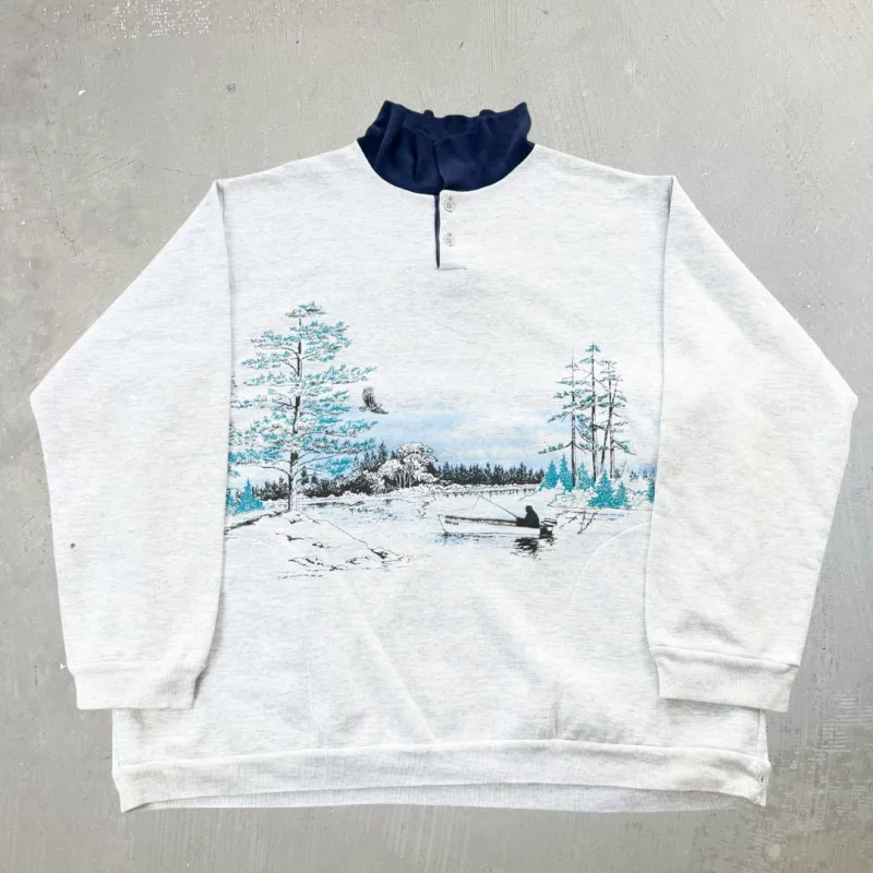 J- Vintage '90 Art Unlimited Fishing Lake Made In USA Henley Crewneck - XL sold by HG Vintage