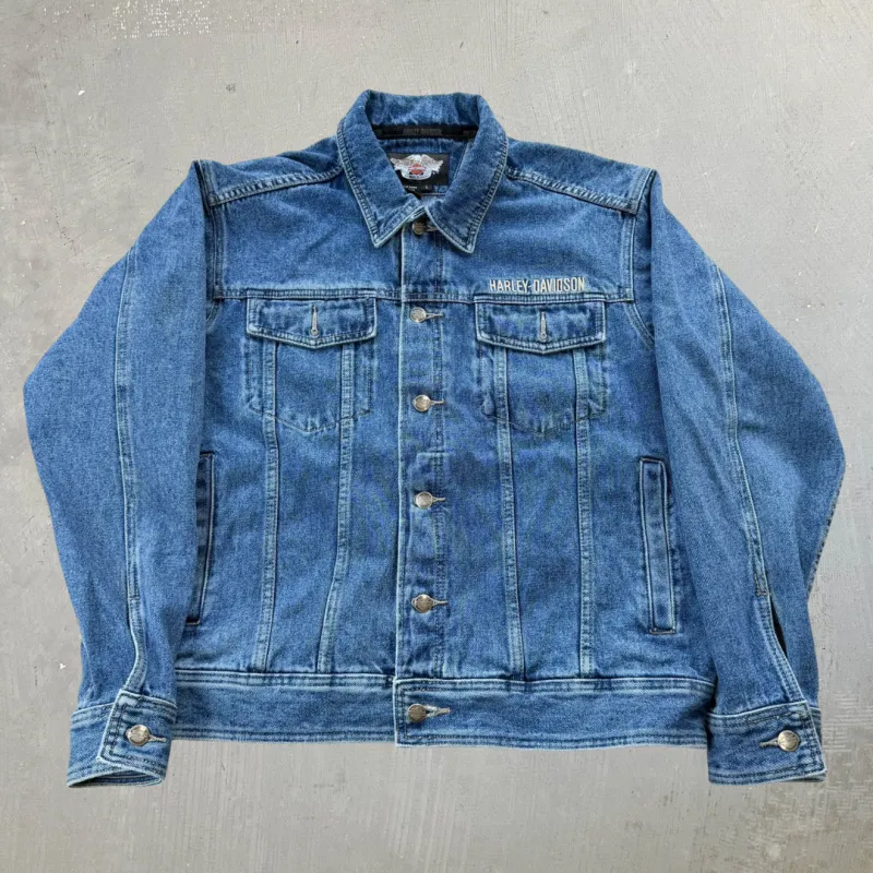 J- Vintage Harley Davidson Embroidered Text & Logo Denim Jacket - L made by HG Vintage