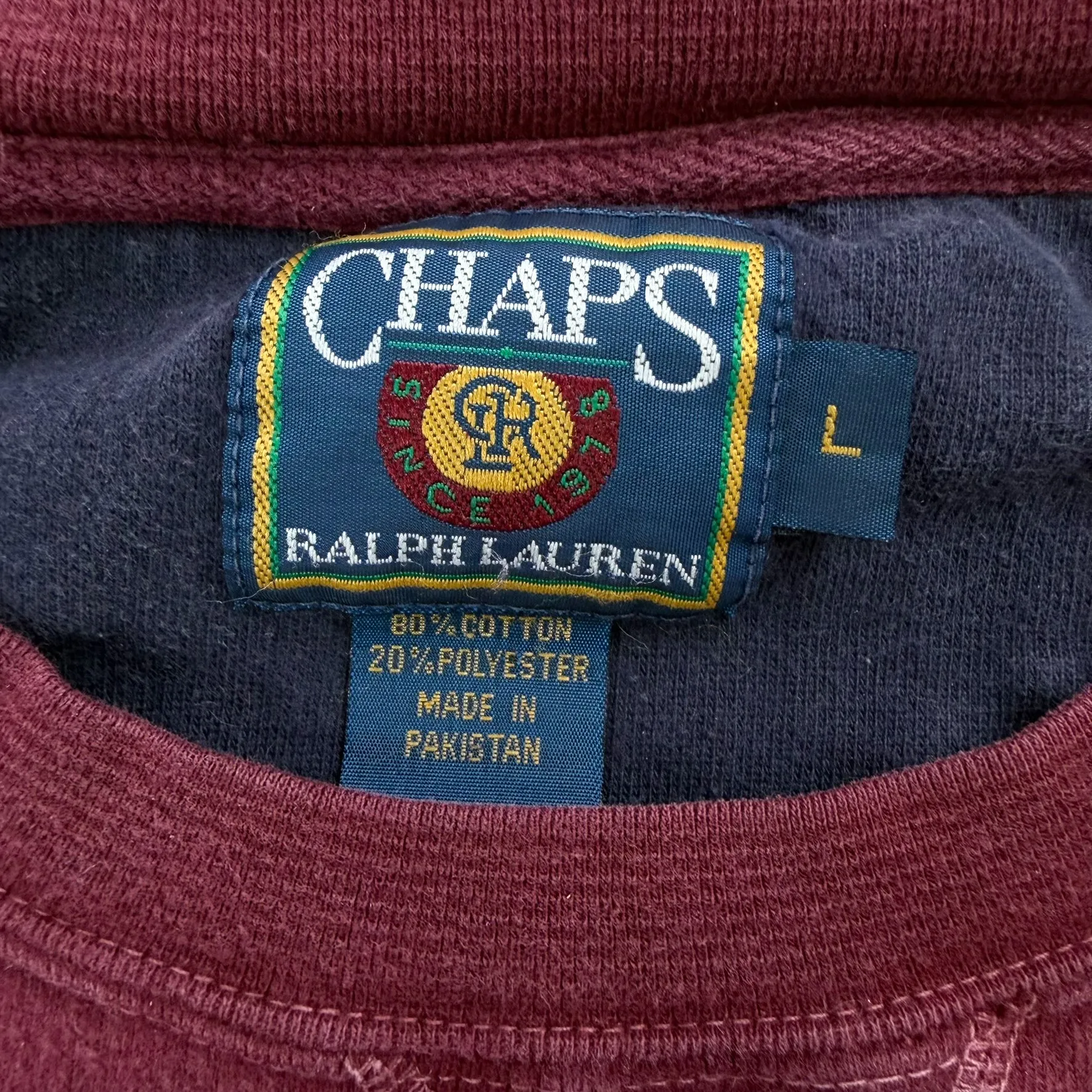 J- Vintage Ralph Lauren Chaps Embroidered Text Burgundy Crewneck - L sold by HG Vintage product image thumbnail 3
