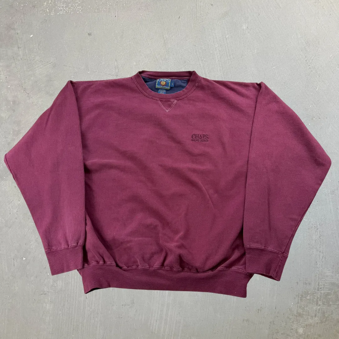 J- Vintage Ralph Lauren Chaps Embroidered Text Burgundy Crewneck - L sold by HG Vintage