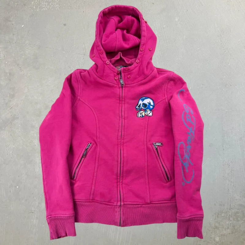 J- Vintage Ed Hardy Winner Takes All Bedazzled Skull Sherpa Lined Hoodie - XS sold by HG Vintage