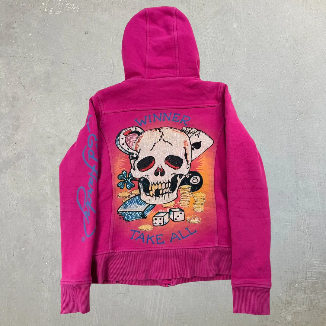 J- Vintage Ed Hardy Winner Takes All Bedazzled Skull Sherpa Lined Hoodie - XS sold by HG Vintage product image thumbnail 2