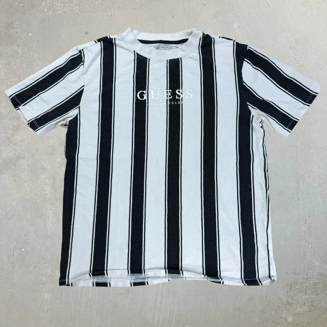 J- Vintage Guess Los Angeles Black/Grey Stripes Embroidered Text Tee - M sold by HG Vintage