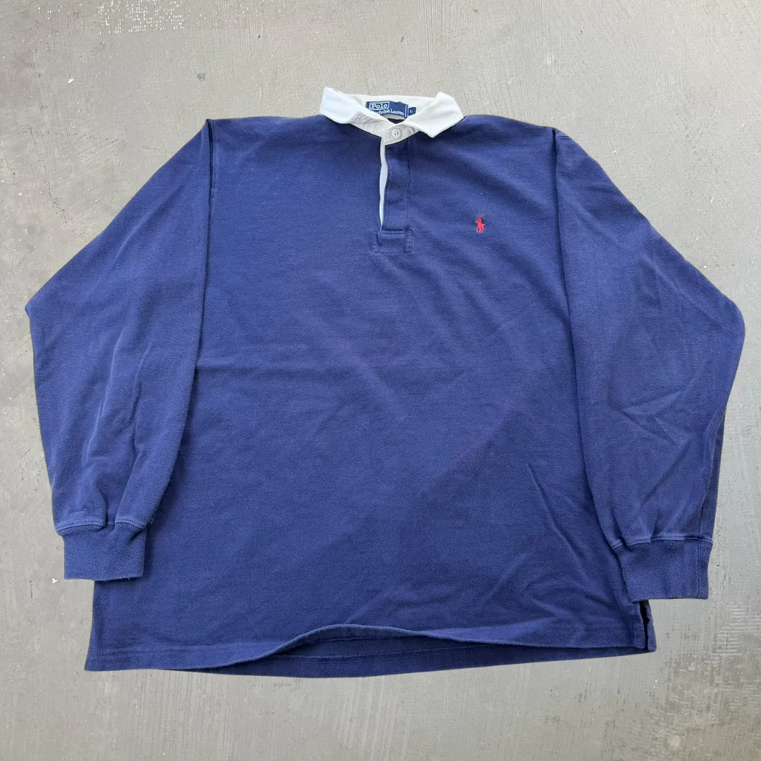J- Vintage Polo Ralph Lauren Embroidered Navy Rugby Shirt - L sold by HG Vintage
