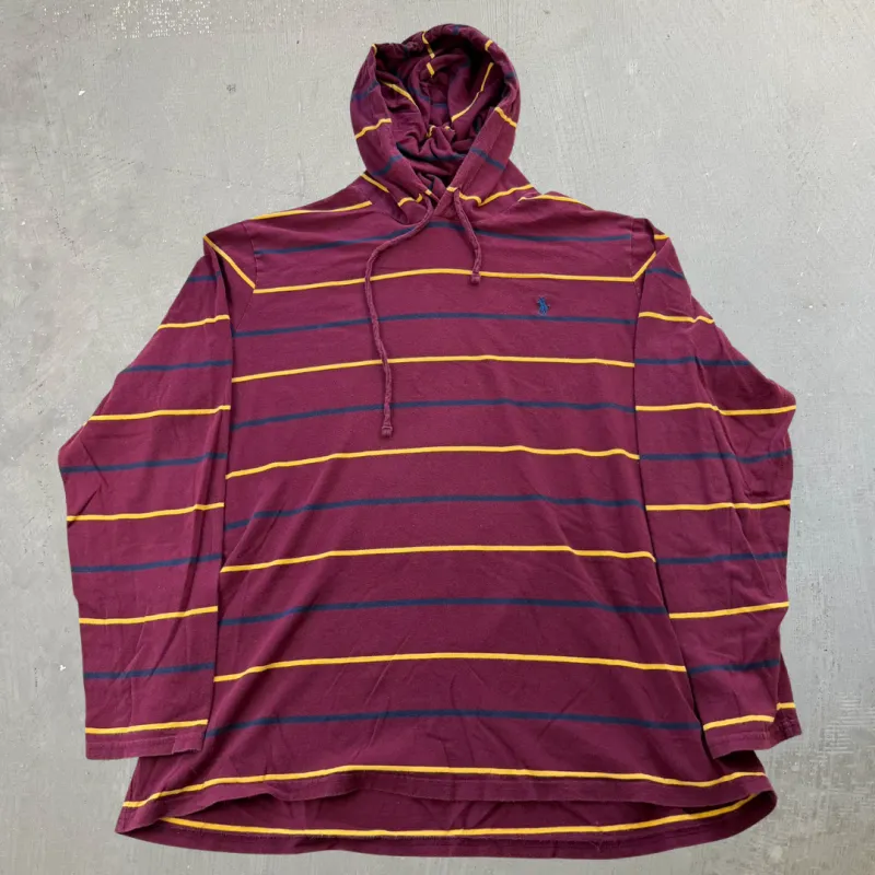J- Vintage Ralph Lauren Maroon Striped Lightweight Hoodie - 2XL sold by HG Vintage