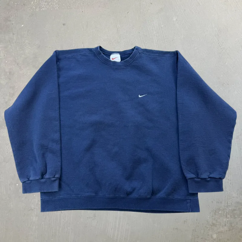 J- Vintage 90s Nike Embroidered Swoosh Made In USA Navy Crewneck - L sold by HG Vintage
