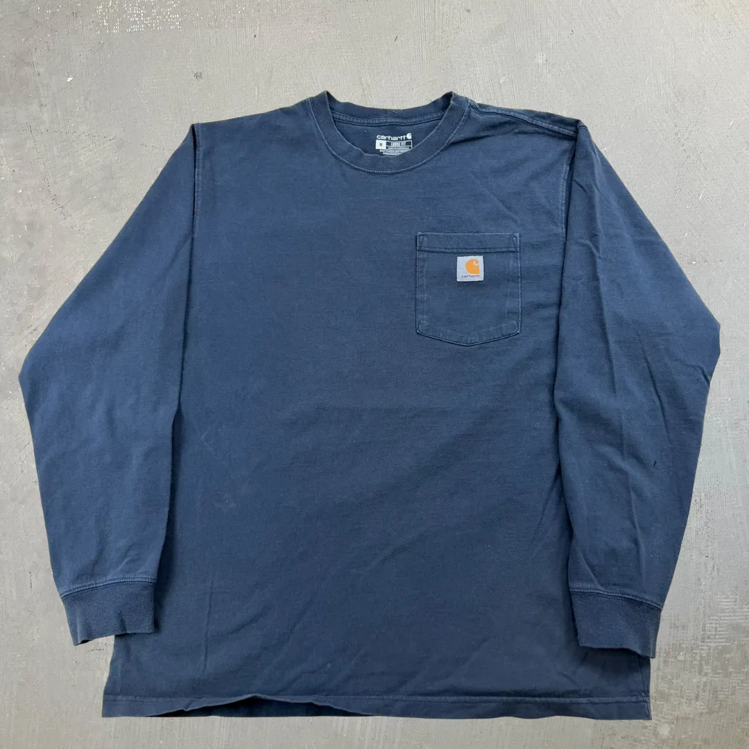 J- Carhartt Navy Long Sleeve Pocket Tee - M sold by HG Vintage