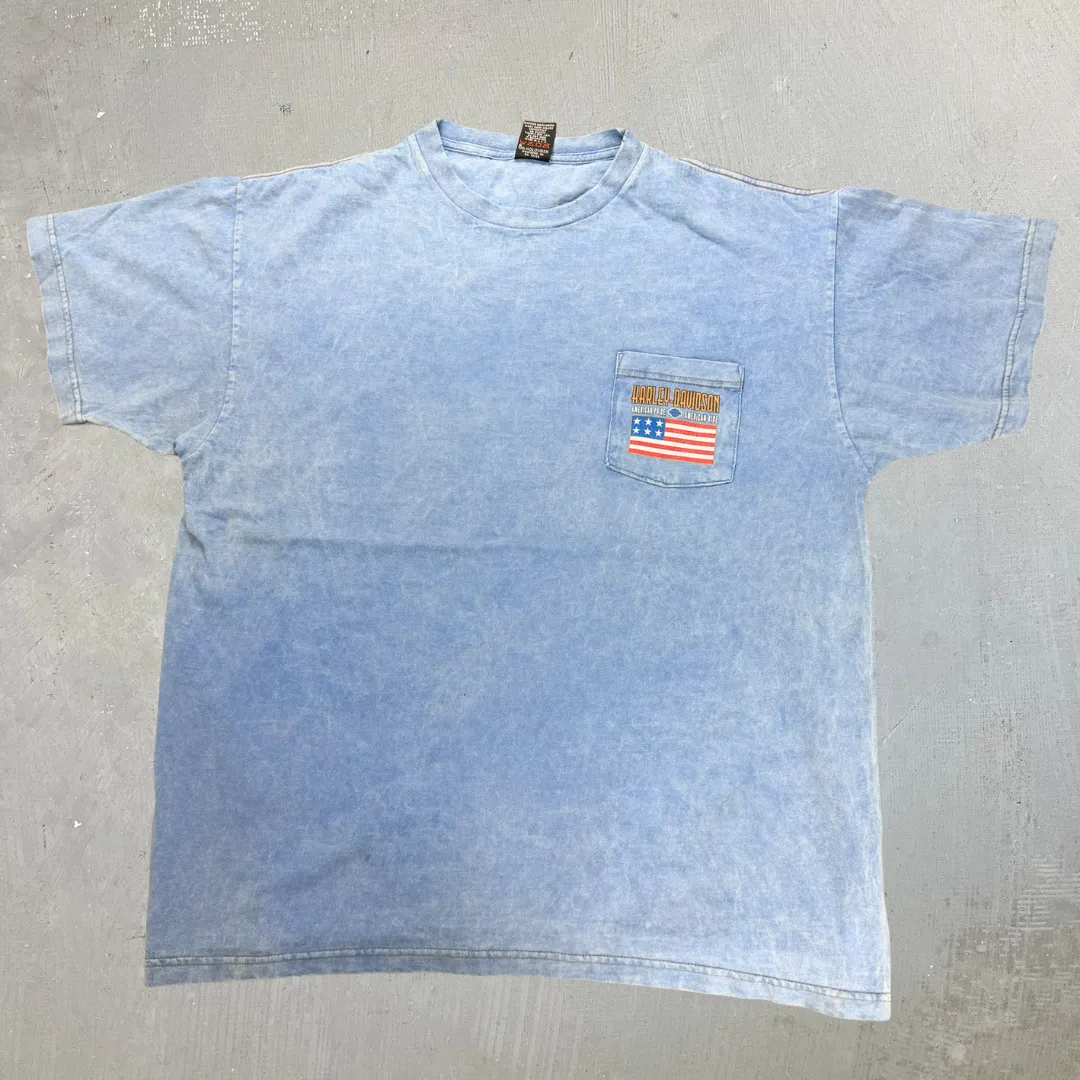 J- Vintage '98 Harley Davidson Las Vegas Blue Acid Wash Made In USA Pocket Tee - XL sold by HG Vintage