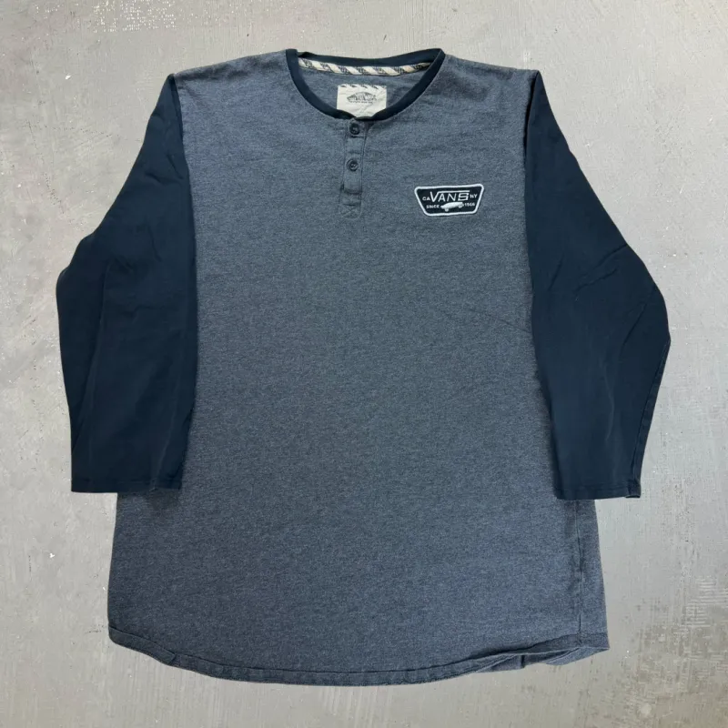J- Vans Embroidered Skateboard Logo Henley Raglan Tee - L sold by HG Vintage