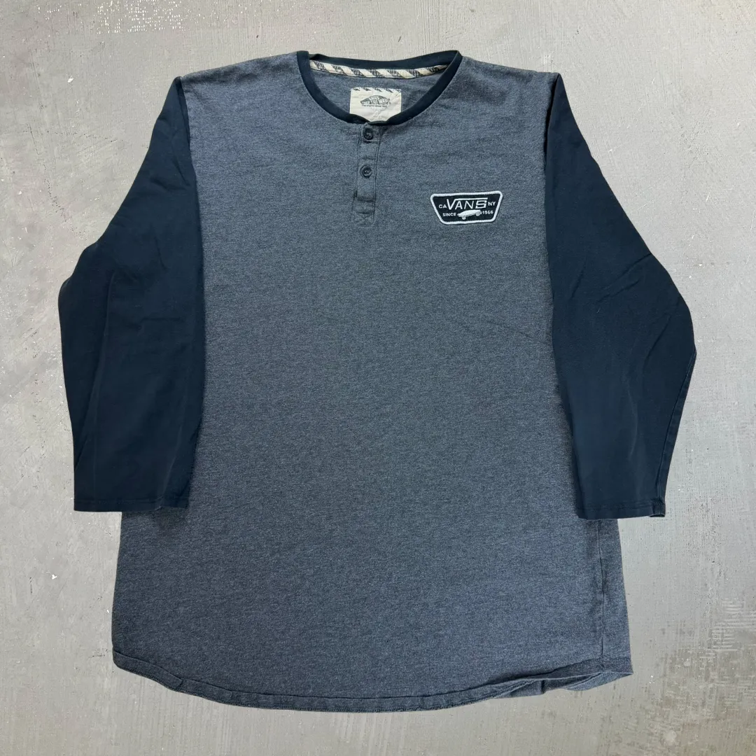 J- Vans Embroidered Skateboard Logo Henley Raglan Tee - L sold by HG Vintage