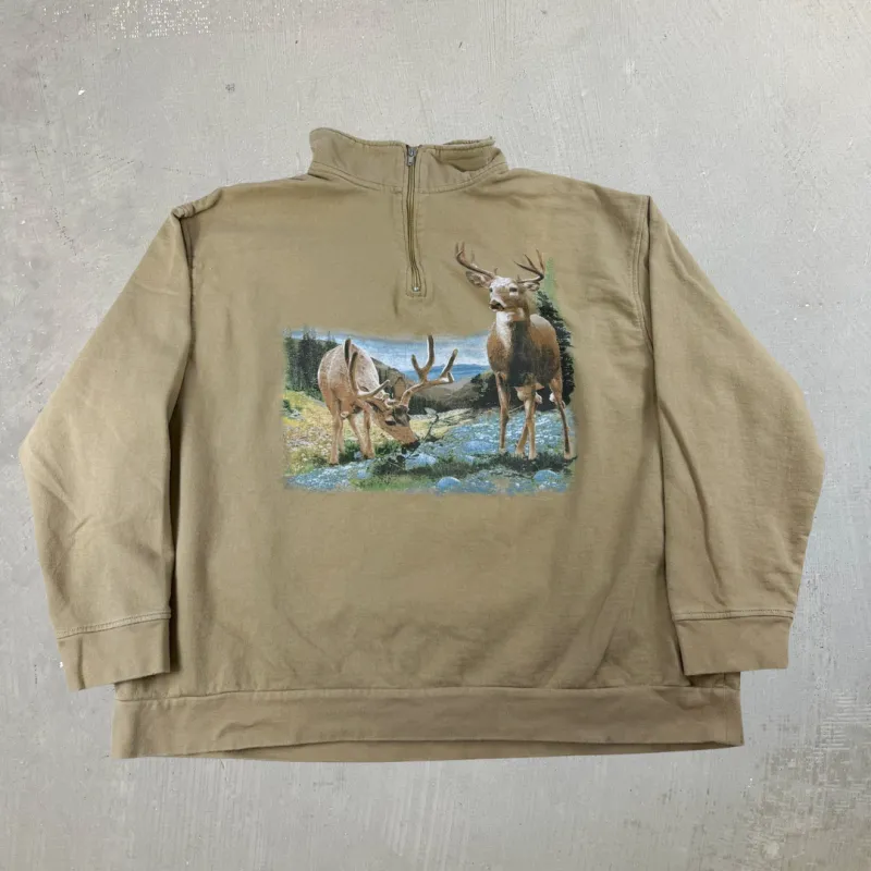 J- Vintage Deer In Forest Graphic Quarter Zip Crewneck - 2XL sold by HG Vintage