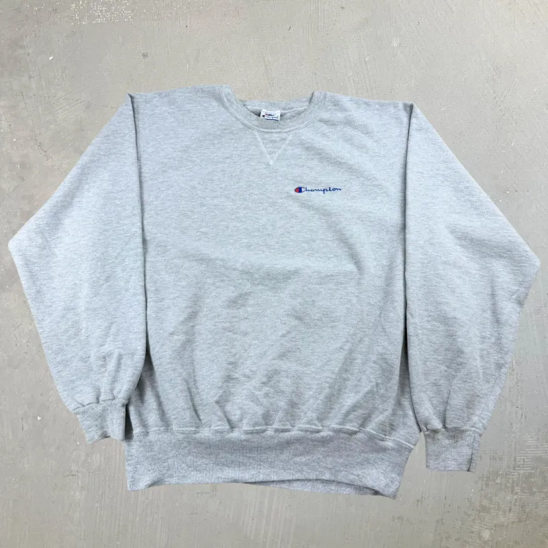 J- Vintage Champion Reverse Weave Embroidered Text  Logo Grey Crewneck - XL sold by HG Vintage