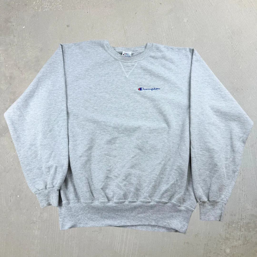 J- Vintage Champion Reverse Weave Embroidered Text Logo Grey Crewneck - XL sold by HG Vintage