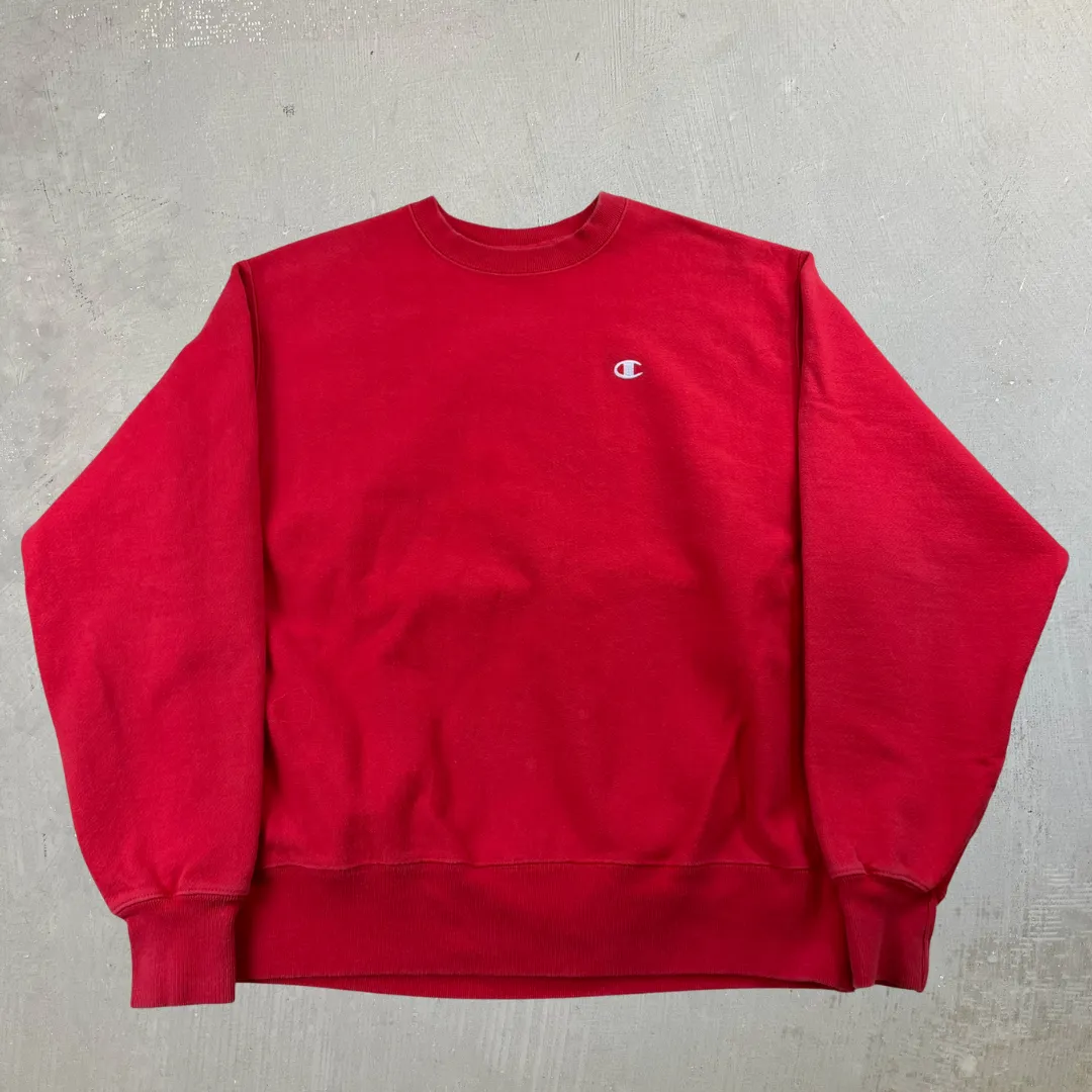 J- Vintage Champion Reverse Weave Embroidered Logo Red Crewneck - L sold by HG Vintage