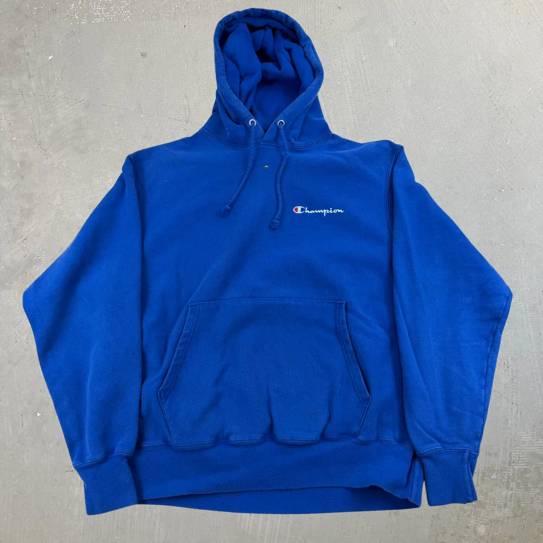 J- Vintage Champion Reverse Weave Embroidered Text Blue Hoodie - L sold by HG Vintage
