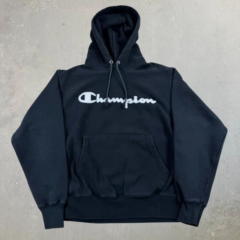 J- Vintage Champion Reverse Weave Embroidered Text Black Hoodie - M sold by HG Vintage