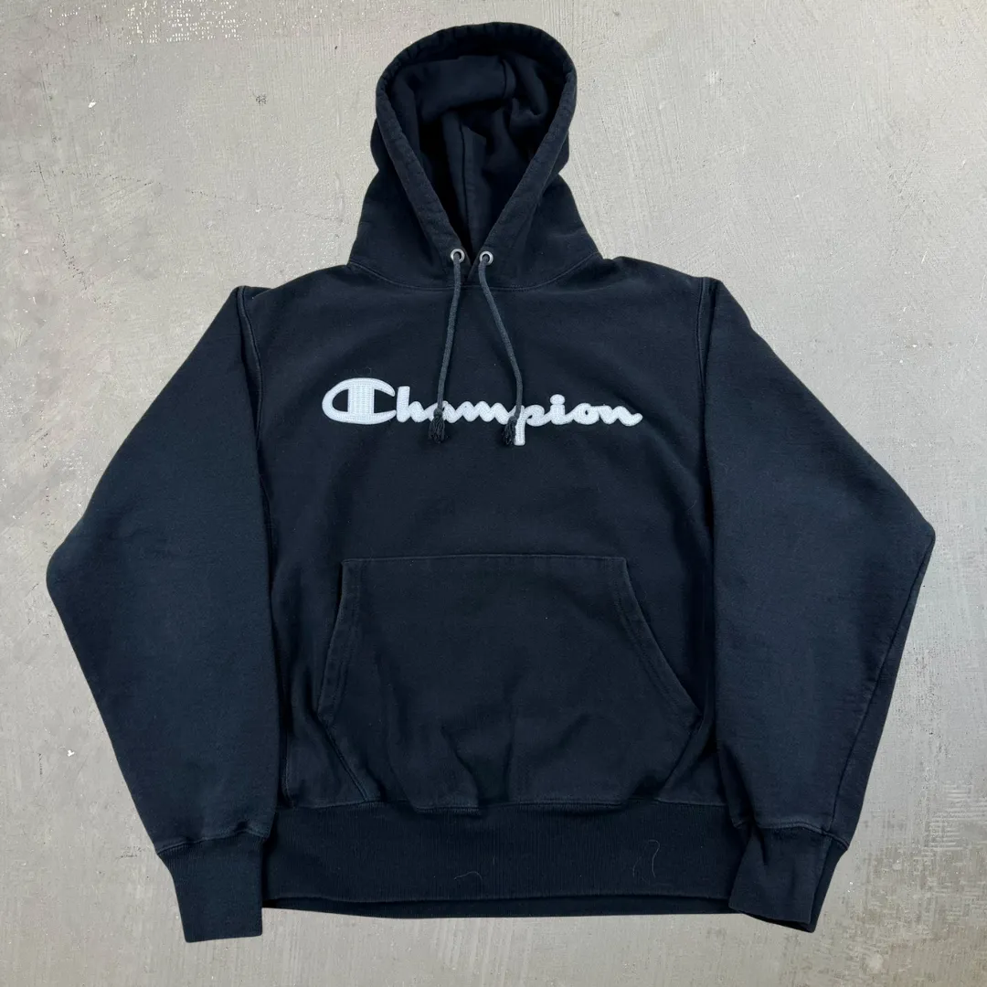 J- Vintage Champion Reverse Weave Embroidered Text Black Hoodie - M sold by HG Vintage