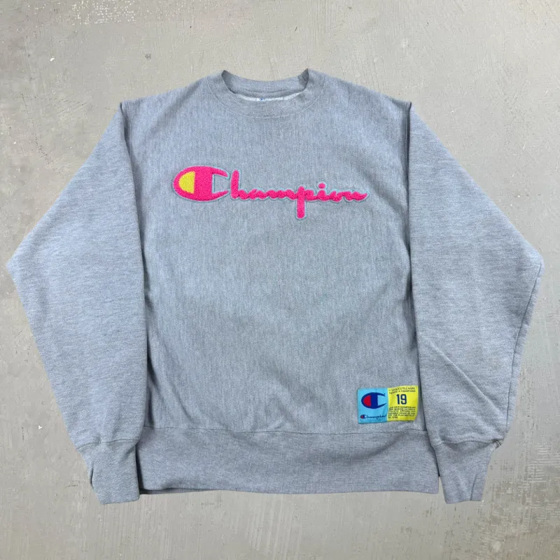 J- Vintage Champion Reverse Weave Embroidered Chenille Text Crewneck - M sold by HG Vintage