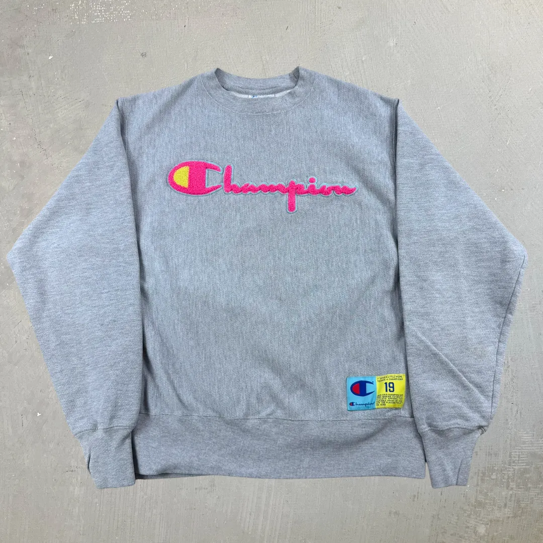 J- Vintage Champion Reverse Weave Embroidered Chenille Text Crewneck - M sold by HG Vintage