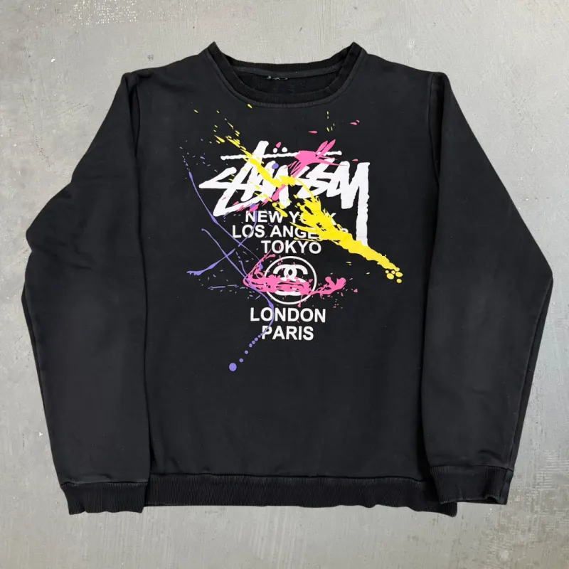 J- Stussy City Text & Paint Splatter Graphic Crewneck - M sold by HG Vintage