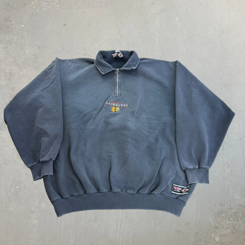 J- Vintage Chicago Blackhawks NHL CCM Embroidered Logo Quarter Zip Crewneck - 2XL sold by HG Vintage