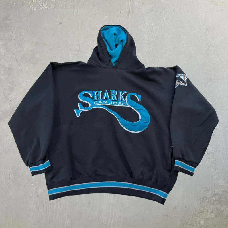 J- Vintage San Jose Shark NHL Starter Embroidered Text Hoodie - L sold by HG Vintage