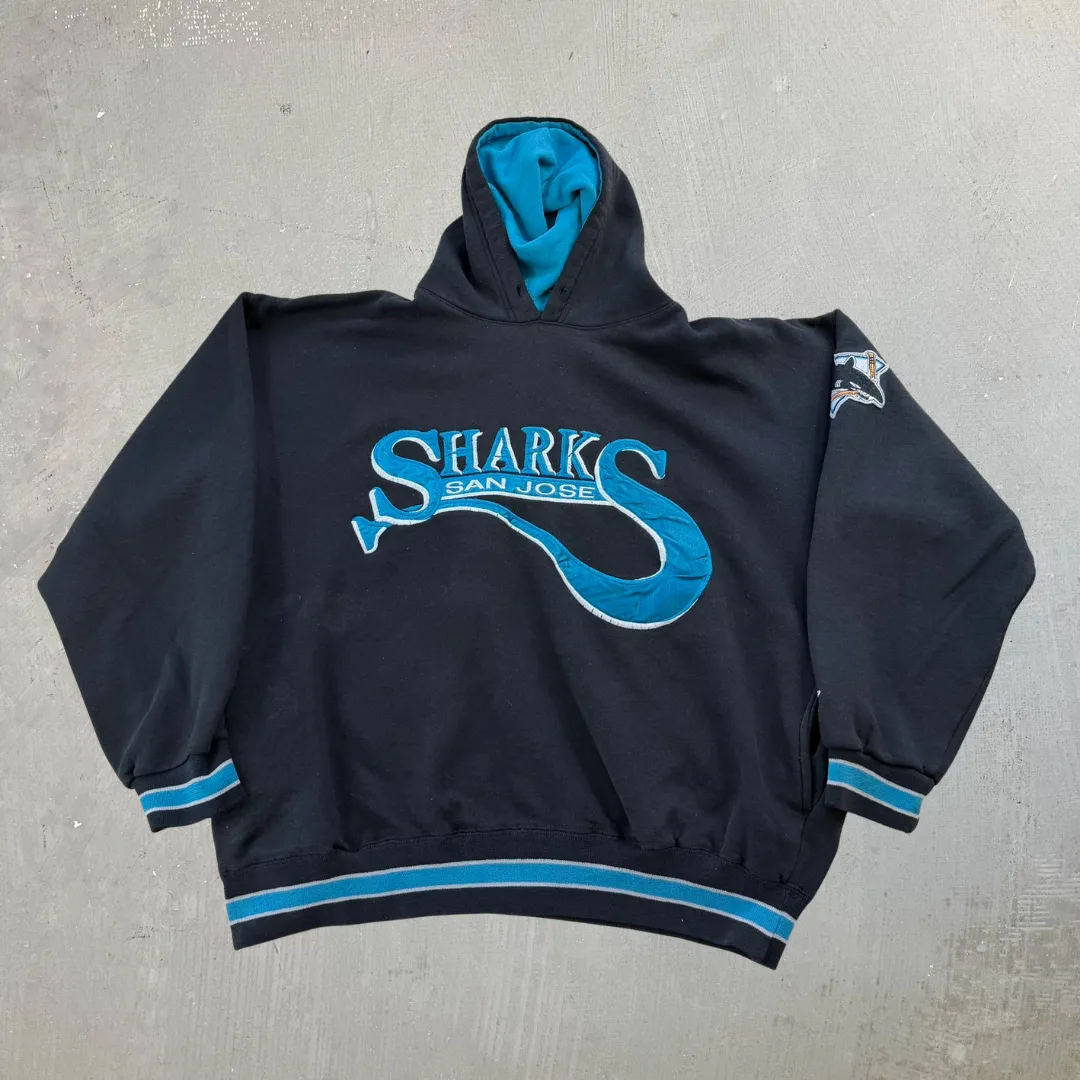 J- Vintage San Jose Shark NHL Starter Embroidered Text Hoodie - L sold by HG Vintage