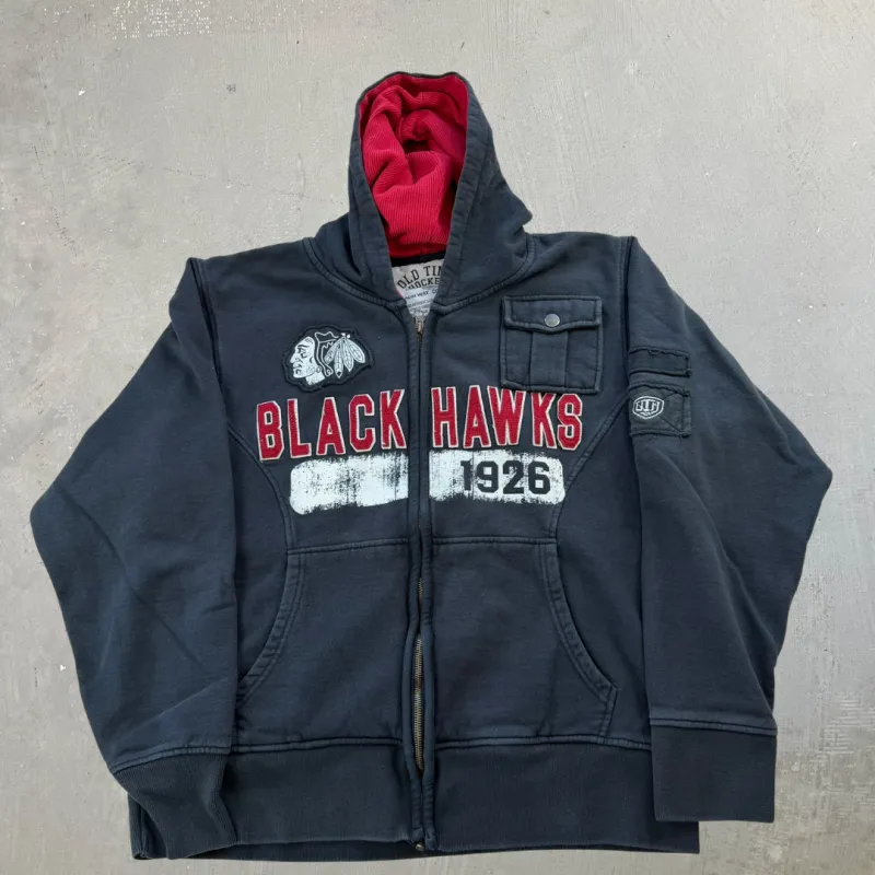 J- Vintage Chicago Blackhawks NHL Old Time Hockey Embroidered Logo Zip Up Hoodie - L sold by HG Vintage