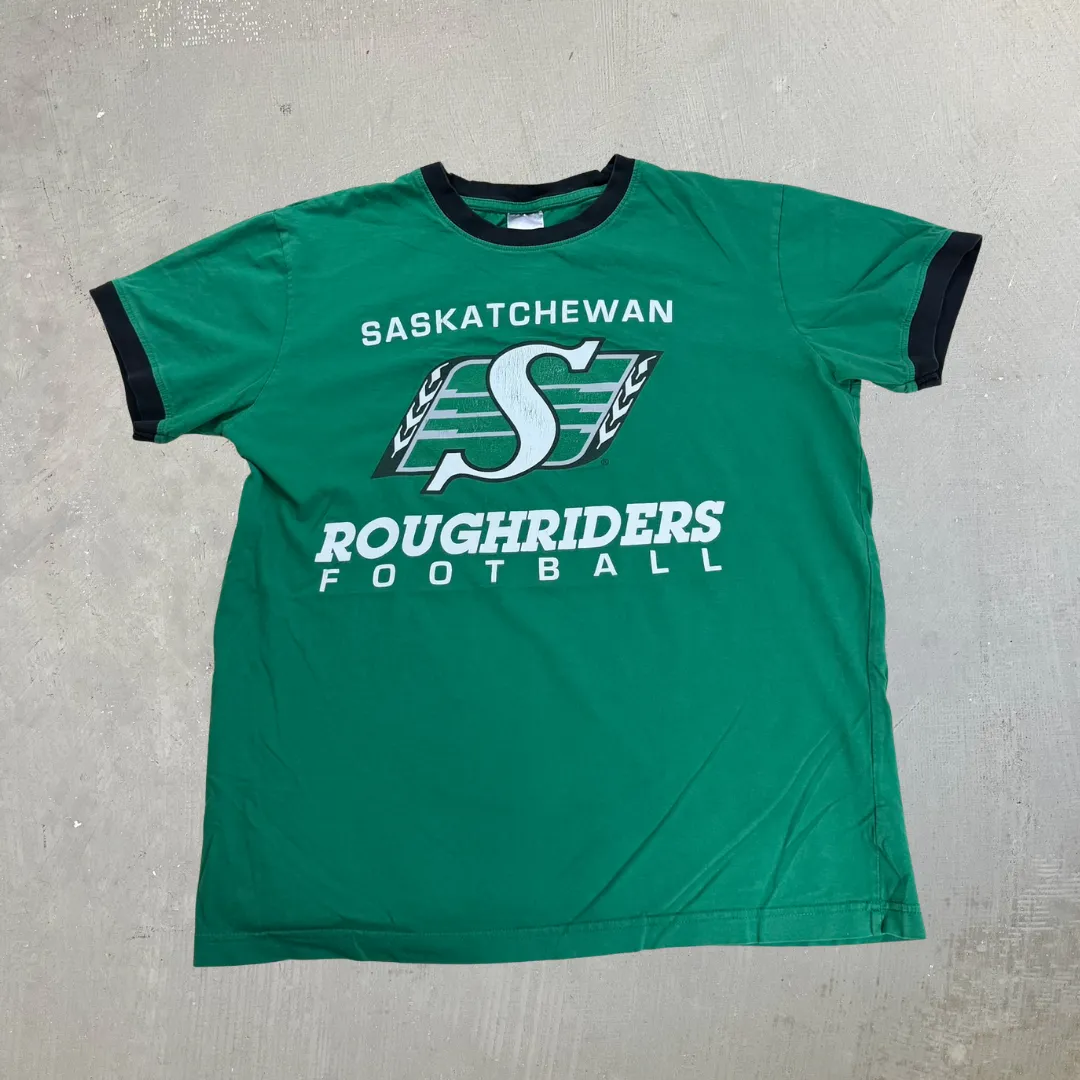 J- Vintage Saskatchewan Roughriders CFL Logo Ringer Tee - L sold by HG Vintage