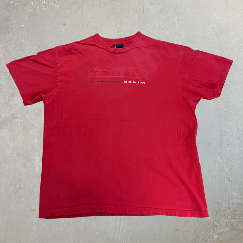 J- Vintage Tommy Hilfiger Denim Puff Print Logo & Text Tee - L made by HG Vintage