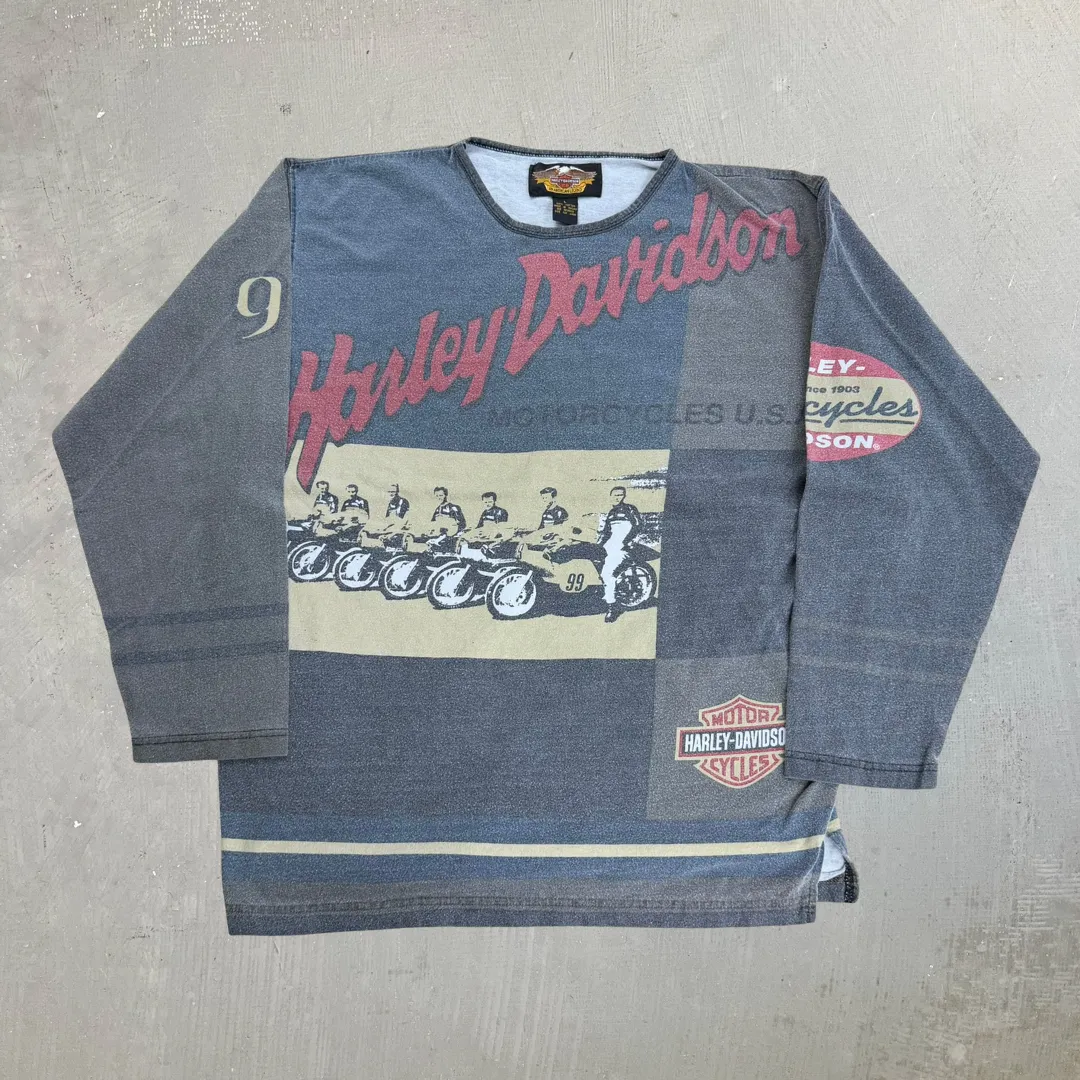 J- Vintage Harley Davidson All Over Print Graphic Long Sleeve Tee - L sold by HG Vintage