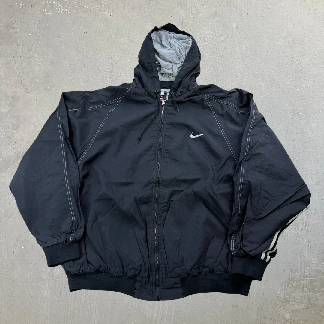 J- Vintage Nike 90s Embroidered Swoosh Black Lightweight Hooded Jacket - 2XL sold by HG Vintage