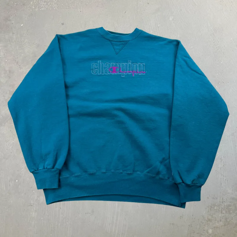 J- Vintage Champion Embroidered Logo & Text Made In USA Crewneck - 2XL made by HG Vintage