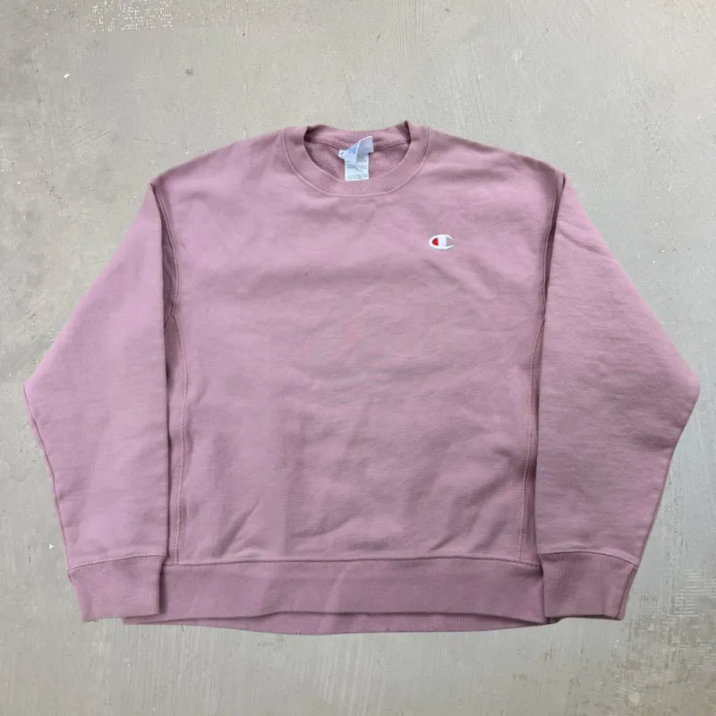 J- Vintage Champion Reverse Weave Embroidered Logo Pink Cropped Crewneck - L sold by HG Vintage