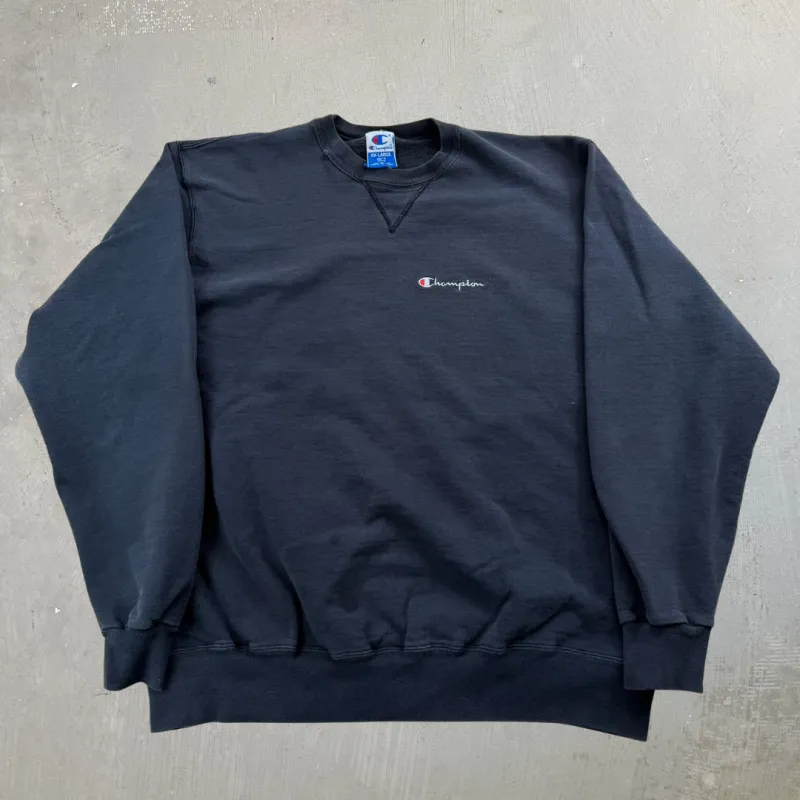 J- Vintage Champion Embroidered Text Black Crewneck - 2XL made by HG Vintage