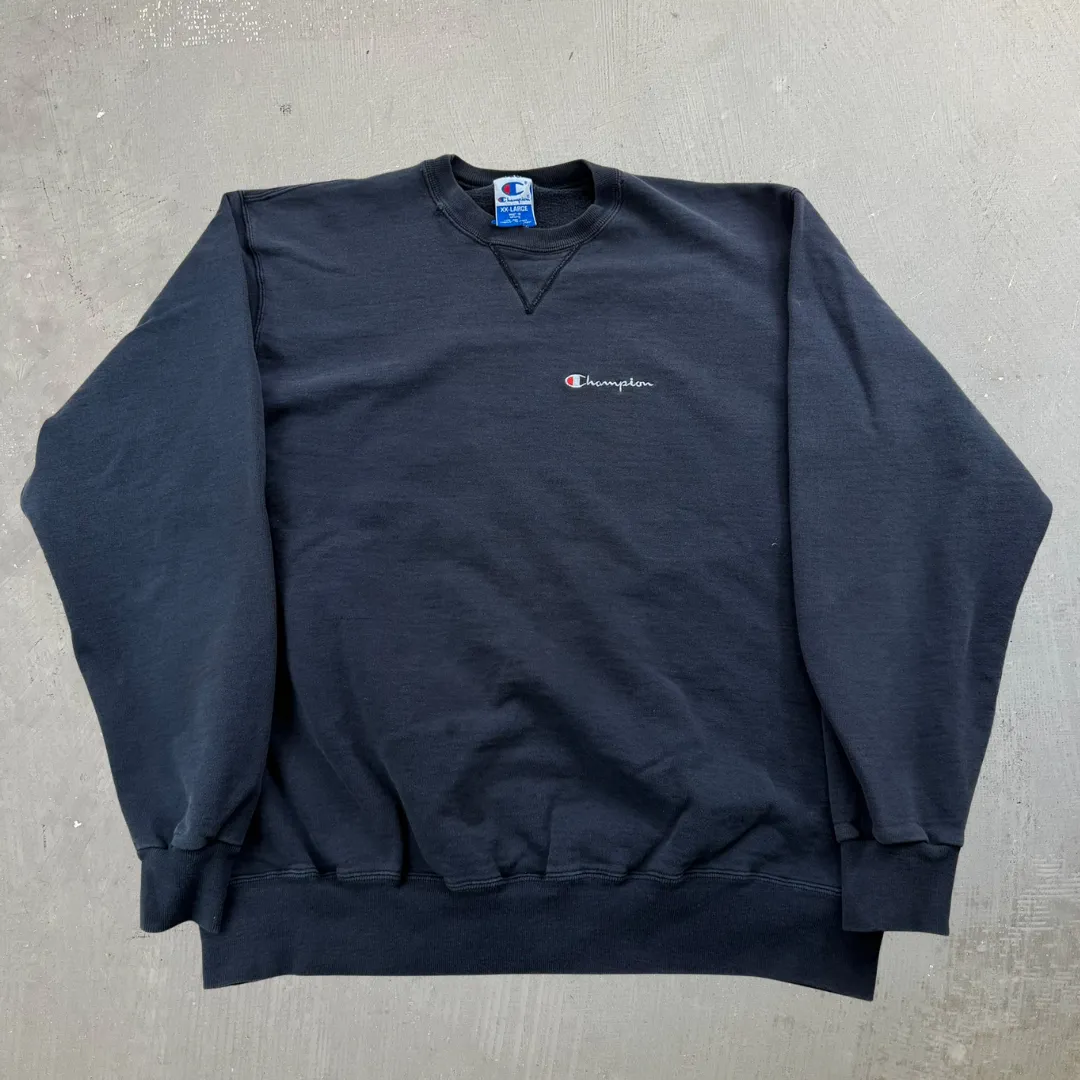 J- Vintage Champion Embroidered Text Black Crewneck - 2XL sold by HG Vintage