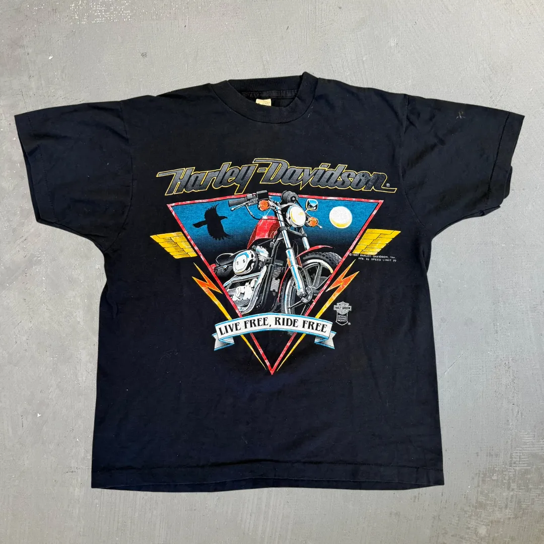 J- Vintage '87 Harley Davidson Live Free, Ride Free Graphic Made In USA Single Stitch Tee - L sold by HG Vintage