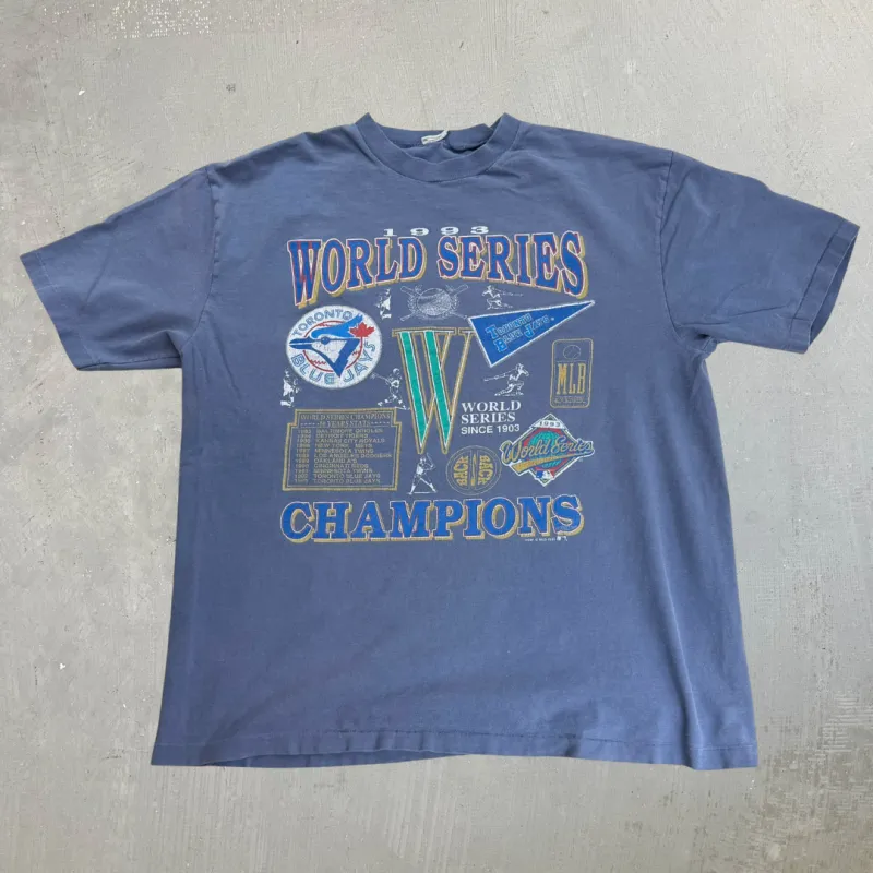 J- Vintage '93 Toronto Blue Jays World Series Champions MLB Single Stitch Tee - L made by HG Vintage