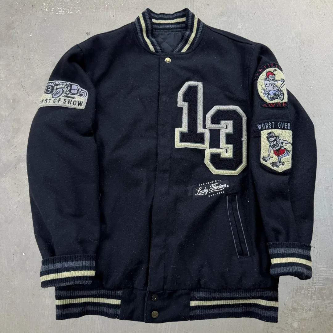 J- Vintage Lucky 13 Embroidered Text & Patches Varsity Jacket - L sold by HG Vintage