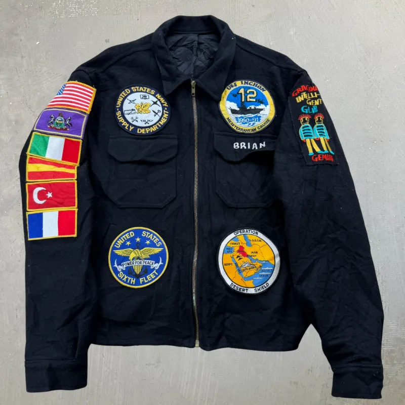 J- Vintage '90-91 US Navy USS Inchon Patches Zip Up Jacket - L made by HG Vintage