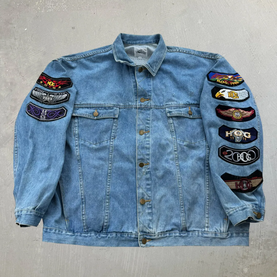 J- Vintage Harley Davidson Owner Group Painted Eagle & Patches Denim Jacket- 3XL sold by HG Vintage