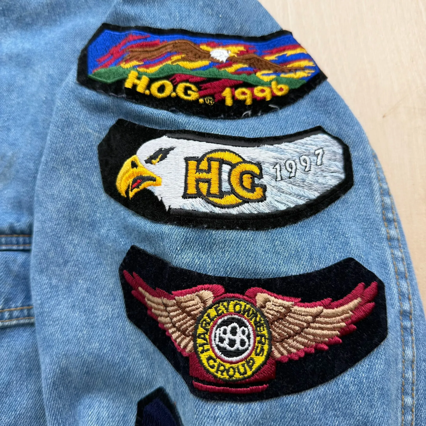 J- Vintage Harley Davidson Owner Group Painted Eagle & Patches Denim Jacket- 3XL sold by HG Vintage product image thumbnail 4