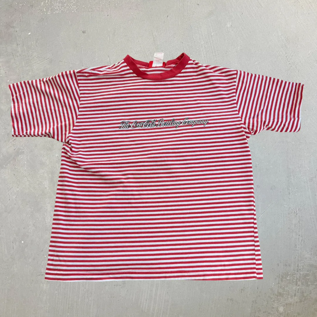 J- Vintage Coca Cola Bottling Company Text Striped Tee - L sold by HG Vintage