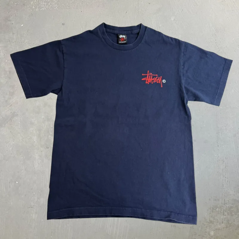 J- Vintage Stussy Logo Text  Navy Tee - M made by HG Vintage