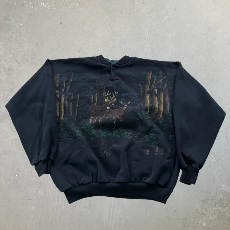 J- Vintage Art Unlimited Deer In Forest Made In USA Henley Crewneck - L made by HG Vintage