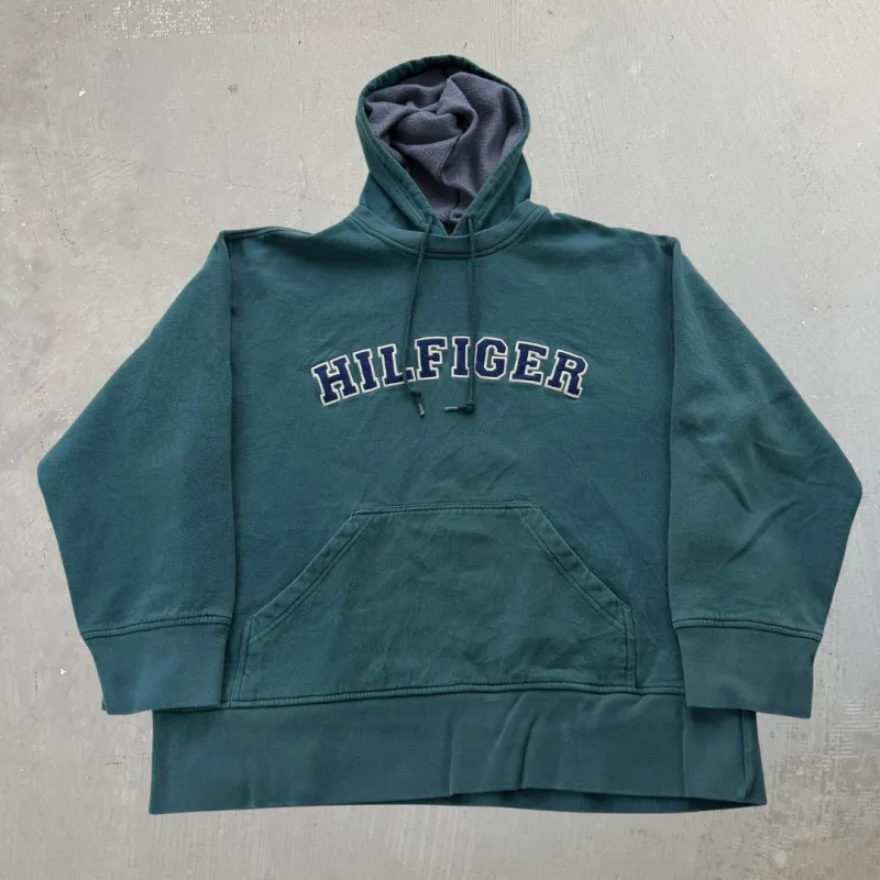 J- Vintage Tommy Hilfiger Embroidered Text Forest Green Hoodie - L made by HG Vintage