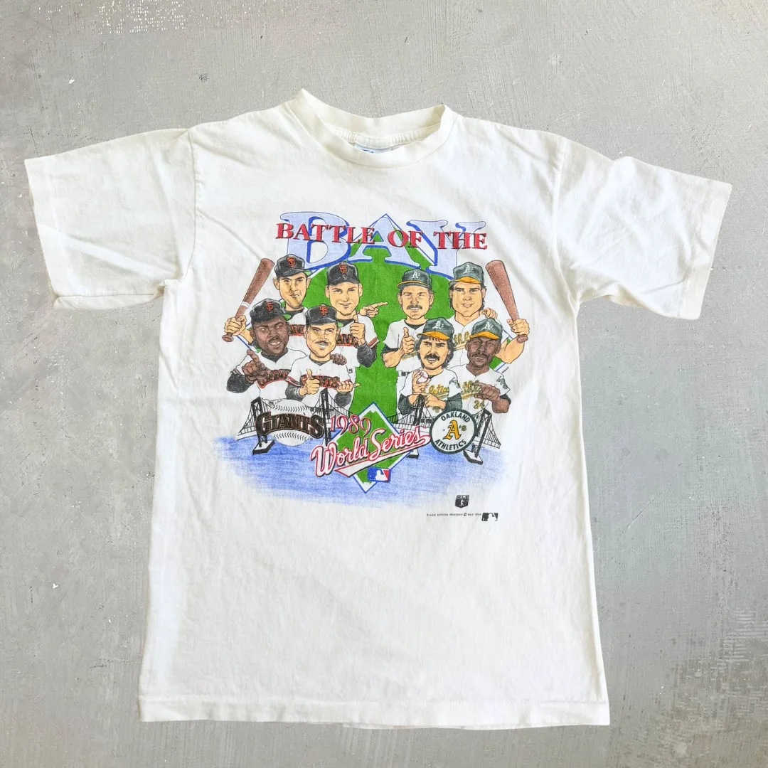 J- Vintage '89 MLB Battle Of The Bay World Series Giants Vs Athletics Single Stitch Tee - S sold by HG Vintage