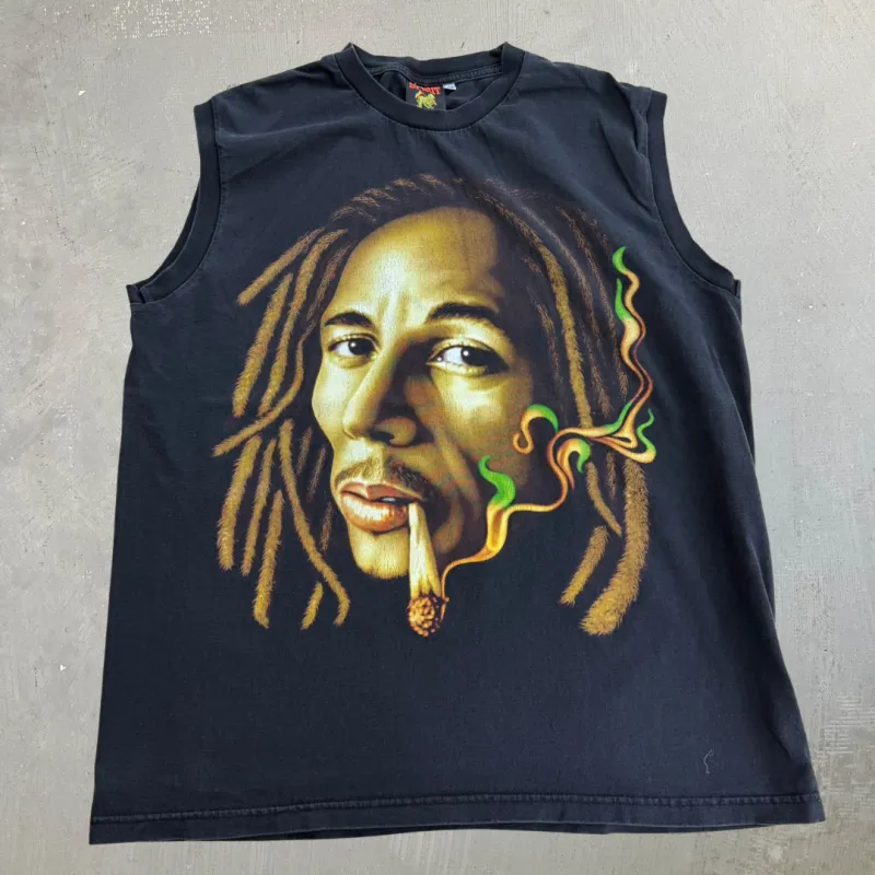 J- Vintage Bob Marley Picture Cut Off Sleeves Tee - XL made by HG Vintage